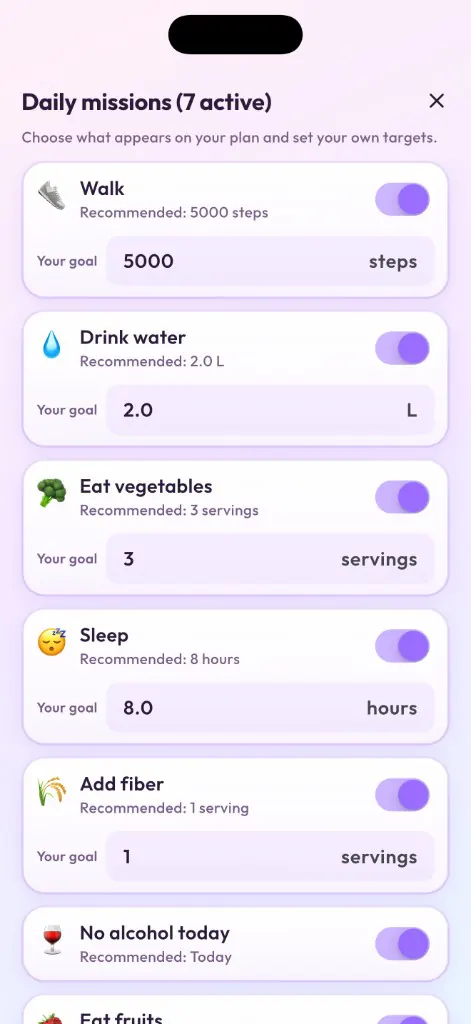 Poop Maxxing daily missions — customize water, fiber, sleep and movement goals