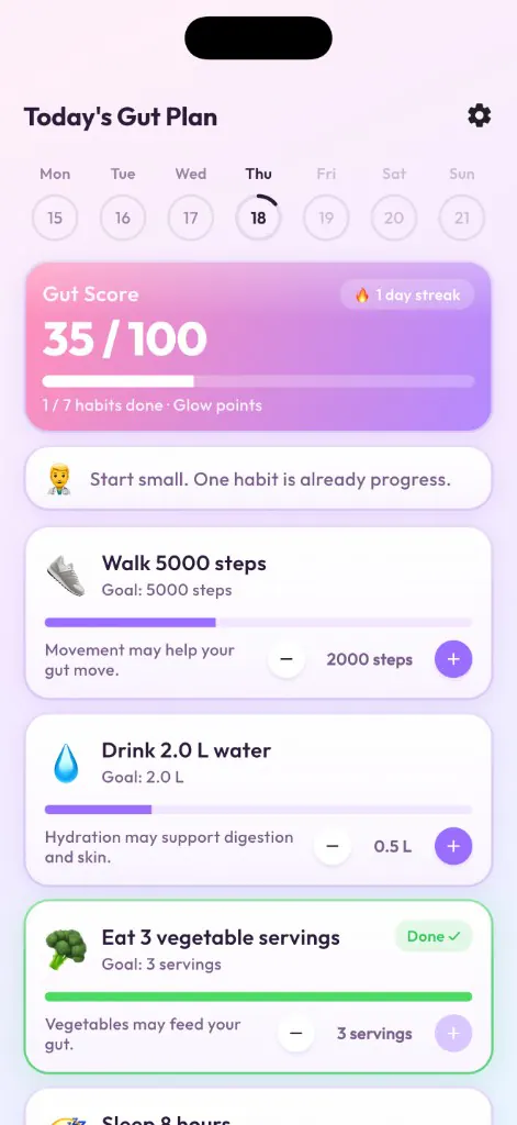 Poop Maxxing daily gut plan with gut score, streak and habit tracking